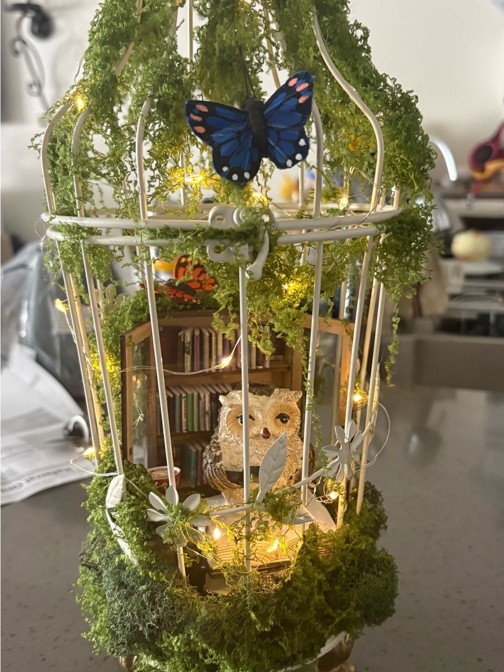 Handmade White Owl Birdcage Décor with Moss and LED Lights - Picture 6 of 6